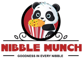 Logo of Nibble Munch with a panda holding popcorn against a white background